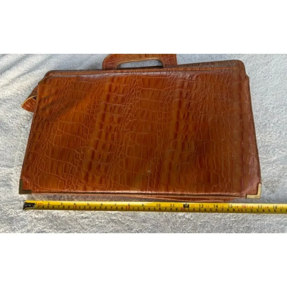 Vintage Brown Flores Croc Embossed Leather Briefcase Attache Retractable Handles